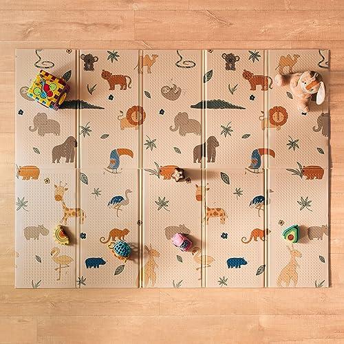 Nuby - Tappeto Gioco Bebè Imbottito Pieghevole e Reversibile - Tappetino Leggero e Morbido per Giocare sul Pavimento - Motivo Safari - Pavimento Imbottito per Bebè - 150x200 cm