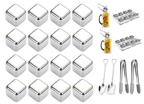 Anlising Cubetti di Ghiaccio in Acciaio Inox Riutilizzabili 16 Pezzi con Clips e Cucchiaio per Raffreddare Vodka, Vino, Cocktail