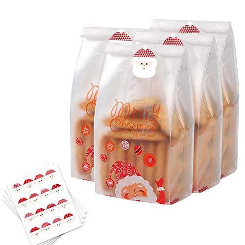 Yukiyi 50 sacchetti per biscotti natalizi traslucidi con adesivi di Babbo Natale, sacchetti di plastica per torte, caramelle, cioccolatini, cupcake, ciambelle, regalo per feste