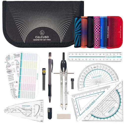 CALCUSO SET DI GEOMETRIA PRO in un astuccio nero con compasso e goniometro - Astuccio pratico per scuola, università, ufficio e disegni - Ideale come set di geometria per la scuola
