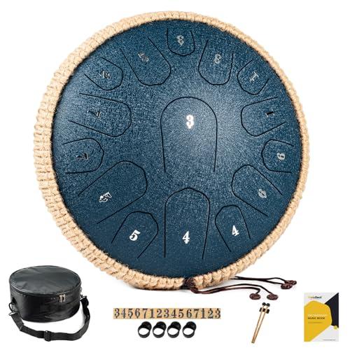 MeloBeat Steel Tongue Drum Handpan - Tamburo in Acciaio 13 Pollici 15 Note - Set Professionale di Tamburi a Lingua in D Maggiore Incluso Libro delle Canzoni per Tamburo con Custodia (Blu Scuro)