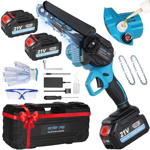 DETLEV PRO Mini Motosega a Batteria per Potatura con 8000mAh Batterie, 6 Pollici Motosega da Potatura con Blocco di Sicurezza e Sistema di olio automatico per il Taglio del Legno Giardini-Blu