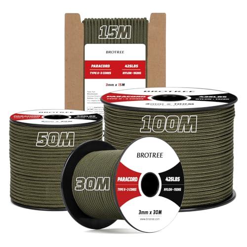 Brotree Paracord 3mm 15M Corda 100% Nylon Tipo II 3 Fili Corda Paracord 425 per Esterno, Artigianato, Fatto a Mano - 192 kg Carico di Rottura (Verde Militare)