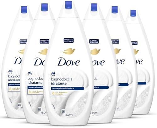 Dove Docciaschiuma Idratante, Formula con Idratante Dermo-Naturale, con 1/4 di Crema Idratante, Dermatologicamente Testato, Bagnoschiuma Uomo e Donna, 100% Bottiglia Riciclata* 6 Pezzi x 750 ml