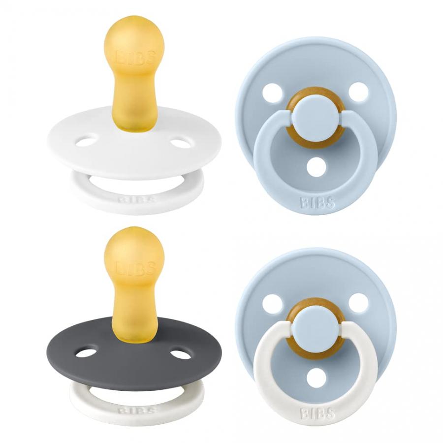BIBS Colour, Set di 4 ciucci, succhietto senza BPA, Tettarella tonda. Lattice di gomma naturale, Prodotto in Danimarca. 6-18 mesi (set da 4), White Glow Mix