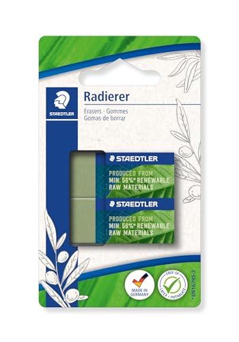 STAEDTLER Gomme fino al 56% naturale e rinnovabile, senza ftalati e lattice, manicotto scorrevole, dimensioni 43 x 19 x 13 mm, 2 gomme verde oliva su carta blister, 526 83BK2