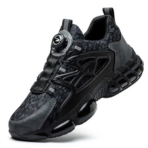 GemChve Scarpe Antinfortunistiche Uomo Donna Leggere Traspiranti Sneakers Antiscivolo Scarpe Sicurezza con Punta in Acciaio Regolazione Rapida dei Lacci Black 45 EU