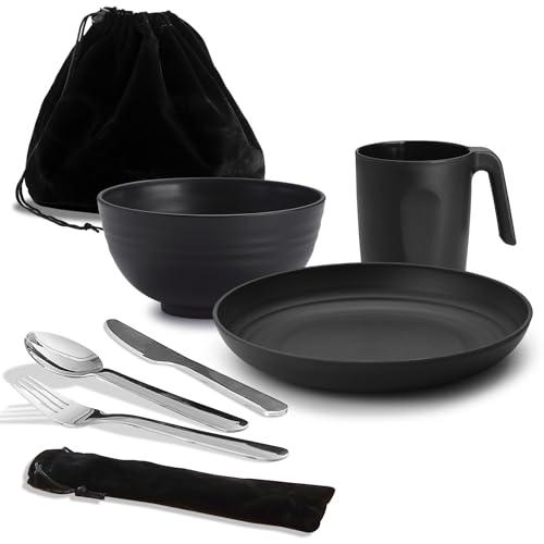 Utensili da campeggio, ReaNea Kit mensa da campeggio per viaggi, picnic, all'aperto, attrezzatura da campeggio Include coltello, cucchiaio, forchetta Set di posate, tazza, ciotola, piatto