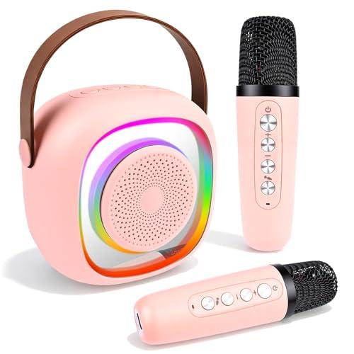 Macchina per karaoke per bambini, mini karaoke con 2 microfoni, altoparlante Bluetooth portatile con effetti vocali e luci a LED, giocattolo regalo per ragazze dai 4, 5, 6, 7, 8, 9 (rosa)