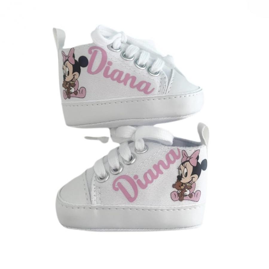 Scarpine Neonato, Scarpette Personalizzate con Nome, Scarpe da Culla con Stampa (Topolina, 6-9 mesi)