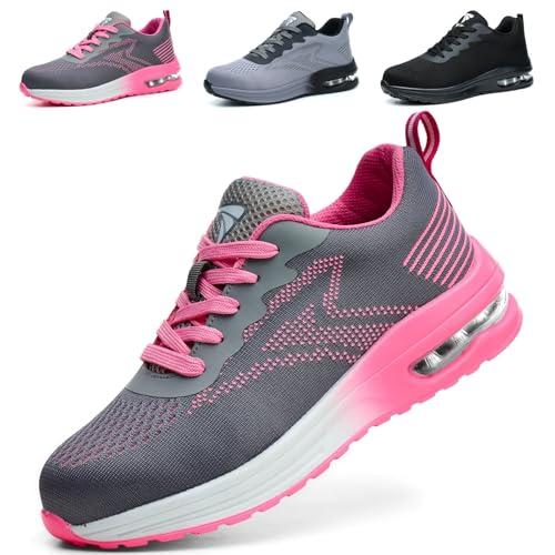 WUAYAMI Scarpe Antinfortunistiche Uomo Donna Leggere Scarpe da Lavoro con Punta in Acciaio Leggere Traspiranti Scarpe Sicurezza Comode, Rosa, 38 EU