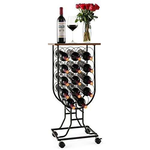 COSTWAY Portabottiglie per Vino con Ruote Staccabili e Bloccabili, Cantinetta Vino Stile Rustico per 14 Bottiglie, con Piano in Legno e Struttura in Metallo, Mobile Bar per Soggiorno e Cucina
