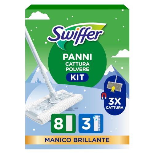 Swiffer Starter Kit Catturapolvere E Lavapavimenti Per La Pulizia Di Pavimenti In Legno E Altri Materiali, Include: 1 Scopa, 8 Panni Catturapolvere, 3 Panni Lavapavimenti