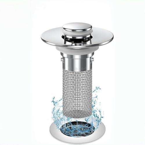 Tappo per lavello da bagno, filtro per scarico del lavandino pop-up, con cestello filtro rimovibile in acciaio inox, per la maggior parte dei tappi di ricambio per il lavandino del bagno