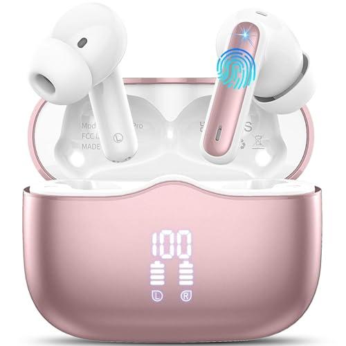 Cuffie Bluetooth 5.4 In Ear, Auricolari Bluetooth 3D Bass Stereo con 4 Mics ENC Cancellazione Rumore, 40 Ore Cuffie Wireless LED USB-C, IP7 Impermeabili Cuffiette Senza Fili per iOS Android, Rosa