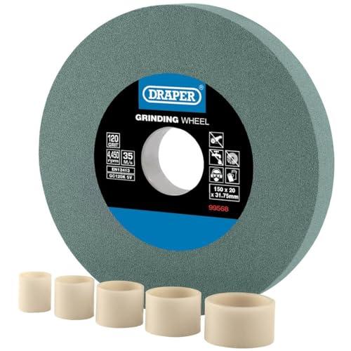 Draper Mola da banco da 150 mm x 20 mm, affilatrice per utensili TCT grana 120, 5 anelli di riduzione, taglio a secco, foro da 31,75 mm, 99568