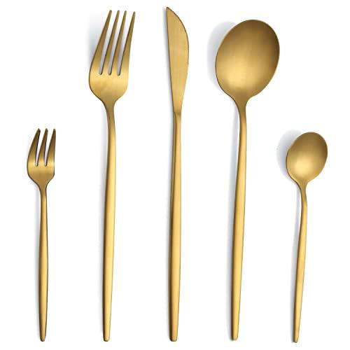 Pleafind Set di posate oro per 6 persone, 30 pezzi, in acciaio inox, posate dorate con coltello, forchetta, cucchiaio, lavabili in lavastoviglie, colore oro opaco