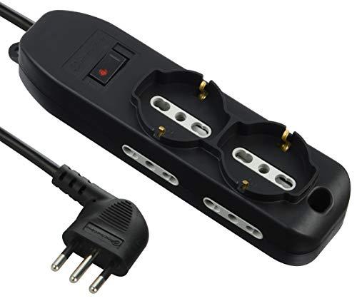 Electraline 61995 Multipresa 6 Posti, 2 Polivalenti, 4 Bivalenti 10/16A, Cavo 2 m, Spina Piccola 10A, Nero