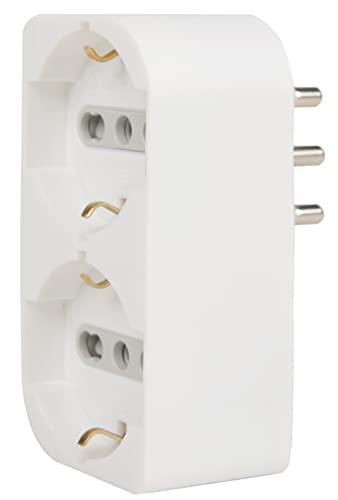 Electraline 71942 Adattatore Doppio, Multipresa due Posti frontali P40 polivalenti (10/16A+Schuko tedesca),Spina fuoriasse 16A grande Italiana, Bianco