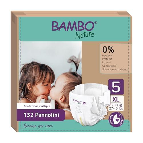 Bambo Nature Pannolini per bambini, taglia 5 (12-18 kg), confezione mensile, 132 pezzi, diapers premium con maggiore sicurezza delle perdite, massimo comfort e libertà per bambini attivi