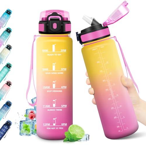 KollyKolla Borraccia 1L, con Cannuccia, Bottiglia Acqua Riutilizzabile, Borraccia con Marcatori Temporali, senza BPA, A Prova di Perdite, Bottiglia Acqua per Fitness, Scuola, Ufficio