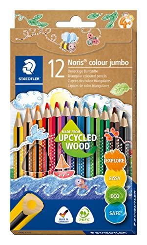 STAEDTLER Matite colorate Noris colour Jumbo 188, realizzate in legno Upcycled Wood, forma triangolare ergonomica, mina infrangibile e morbida, vernice colorata intensa, 12 matite colorate in astuccio