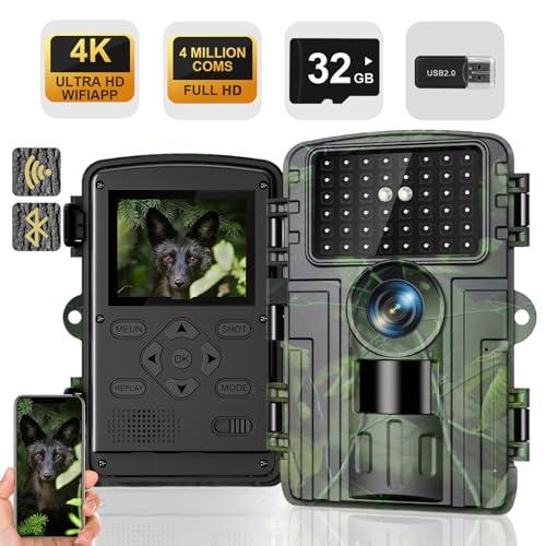 Lutranstra Fotocamera selvaggia 4K, fotocamera per animali selvatici, 60 MP, Full HD, Wi-Fi con trasmissione del cellulare, app, sensore di movimento, visione notturna, tempo di scatto 0,1 s,