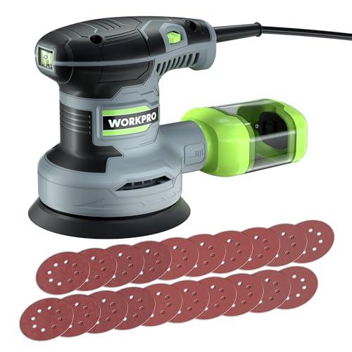 WORKPRO Levigatrice Orbitale 125mm, Levigatrice Rotorbitale da 300W 7000-13000 OPM, Levigatrice Eccentrica con aspirazione e contenitore per la polvere, Levigatrice con 20 pezzi di carta abrasiva