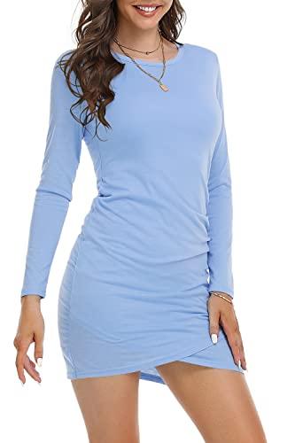 DEARCASE Donna Vestiti Eleganti Casuale Abito Mini Manica Lunge Abiti Vestito da Cocktail Abito Avvolgente Banchetto Sera Festa Tunica Abito T-Shirt con Orlo Irregolare, Azzurro L