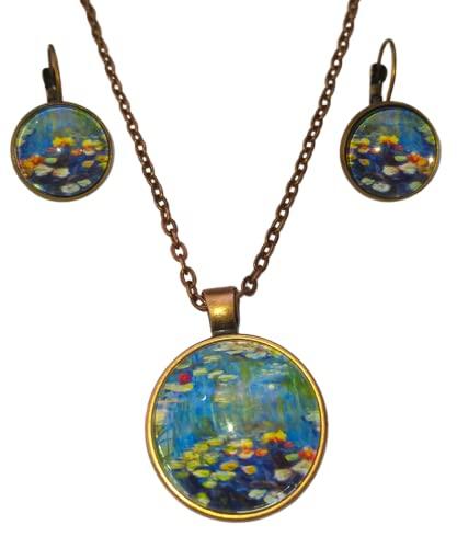 Parure Ninfee Artista Opere Set Orecchini Collana con Ciondolo Cabochon, Idea Originale per Regalo Natale, Fatto a Mano, Gioielli Donna