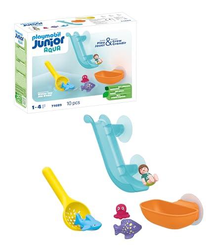 Playmobil Junior AQUA 71689 Scivolo d'acqua e animali marini, inclusi squaletto e un polpo, giocattolo sostenibile realizzato in plastica a base vegetale, giocattolo per bambini dai 12 mesi in su