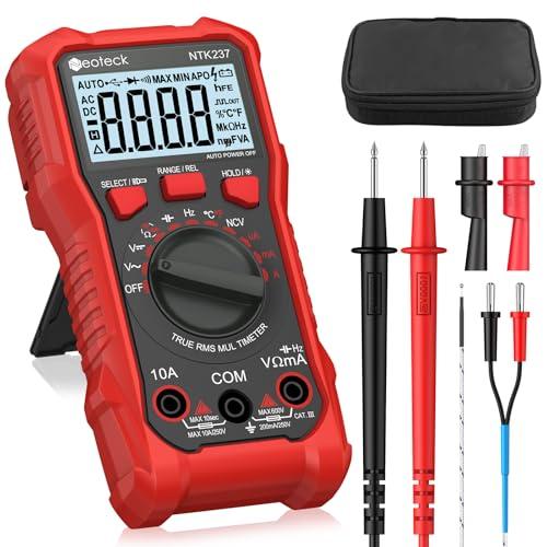 Neoteck Multimetro Digitale 2000 Conteggi AC DC Corrente Tensione Resistenza Capacitanza NCV Frequenza Temperatura con Clip a Coccodrillo Tester Elettricista Con Display Retroilluminato - Rosso