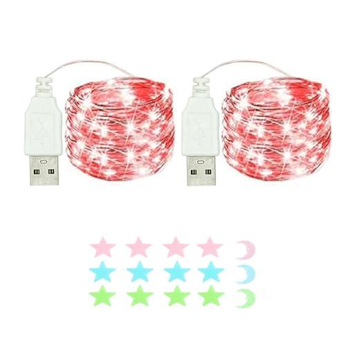 MUXIJIA 2 x luce stringa LED, 50 x LED 5M / 17Ft esterno/interno alimentatore USB impermeabile per camera da letto, cortile, matrimonio, Natale, fai da te, ecc. (Rosso)