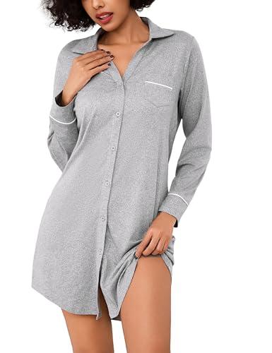 Bresdk Camicia da Notte Donna Aperta Davanti Invernale Cotone Manica Lunga Pigiama con Bottoni Loungewear Parto Ospedale Allattamento Premaman, Grigio Chiaro, XXL
