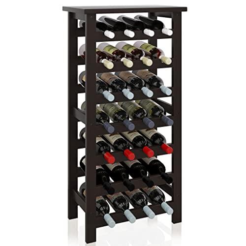 SMIBUY Portabottiglie in bambù, Portabottiglie da 28 Bottiglie con Piano da Tavolo, Ripiani Portaoggetti Autoportanti a 7 Livelli per Cucina, Dispensa, Cantina, Bar (Marrone Scuro)