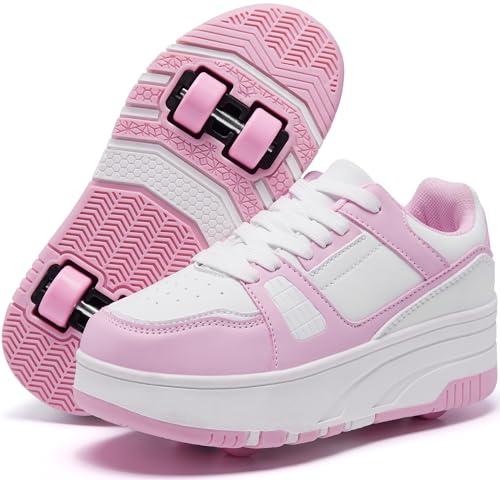 ANEFUN Ragazzi Ragazze Scarpe con Ruote Pattini Pattinaggio Bambini Pattini a Rotella Scarpe con 4 Ruote Rimovibili Comfort Sport Outdoor per Bambini, Rosa Bianco 1135, 36 EU