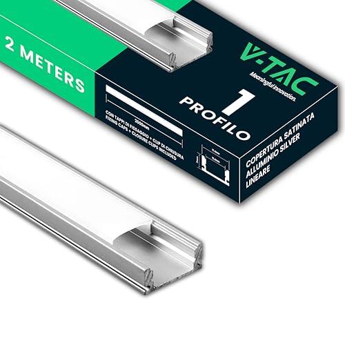 V-TAC 1 Profilo per Strisce Led da 2 METRI in Alluminio - (2 Metri Totali) - Profili per Strisce LED con Copertura Opaca - Ingombro massimo Striscia Led 12,4 mm - Dimensioni 17,4 x 7mm