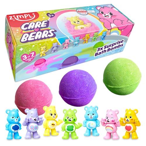 ZIMPLI - 3 x Large 100g Care Bears Surprise Baff Bombz, 1 dei 7 giocattoli Care Bear da collezionare, uno per ogni bomba da bagno, figurine da collezione per bambini e bambine