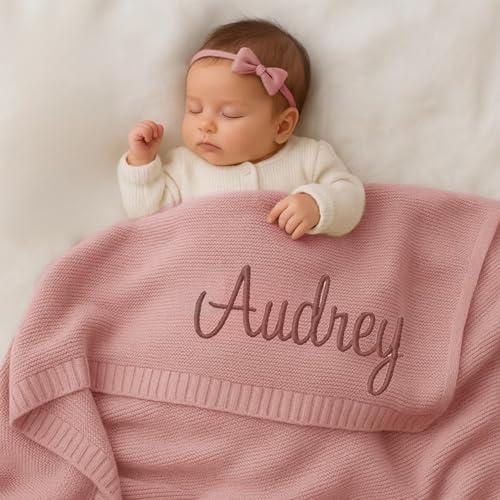 Coperte In Maglia Personalizzate Ricamate Con Nome, Coperta Per Neonati In Cotone Fatta A Mano Su Misura Per Maschio/femmina(Light pink)