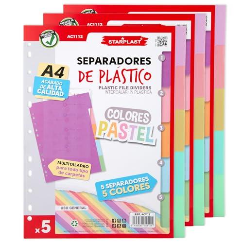 Starplast Confezione da 15 separatori pastello per raccoglitori 2-4 anelli o organizzatori, polipropilene, indice, multi-trapano, classificatore, uso scolastico o ufficio