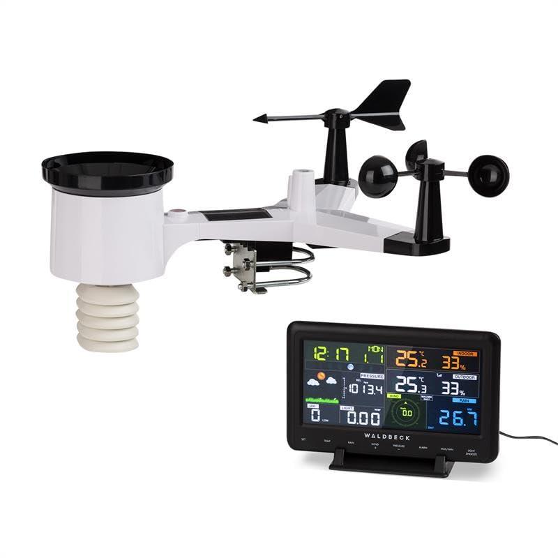 Waldbeck Huygens - Stazione meteo professionale 6 in 1, 6 misurazioni in sintesi, Allerte meteo, in tempo reale, Indicazioni precise, LED, WiFi, controllo via app e display colori, bianco-nero