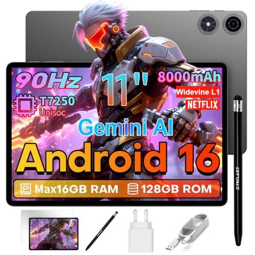 TECLAST P50T Android 16 Tablet 11 Pollici Gemini AI, 90Hz Display, T7250 2GHz Octa Core Gaming Tablets, 16GB RAM+128GB ROM(5TB TF), 8000mAh, Widevine L1, 5G WiFi 6, GPS/13MP/OTG, 2026 Tablet Con Penna