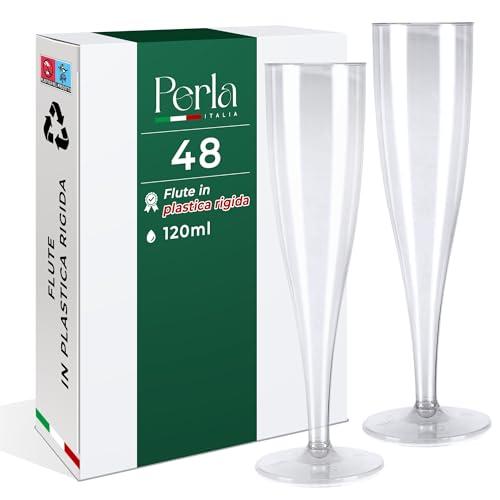 Perla, 48 Flute da Champagne Eleganti in Plastica, 120ml, Trasparenti, Resistenti e Riutilizzabili, Bicchieri da Brindisi per Feste, Compleanni, Matrimoni, Natale, Capodanno