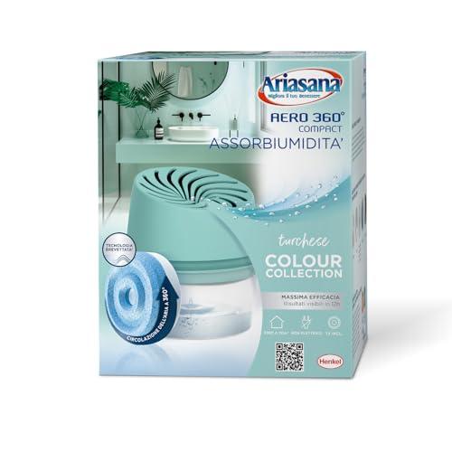 Ariasana Assorbiumidità Aero 360° Compact Turchese Colour Collection, 1 Deumidificatore e 1 Tab di ricarica 450g, Assorbiumidità per la circolazione dell'aria, Deumidificatore casa contro l'umidità