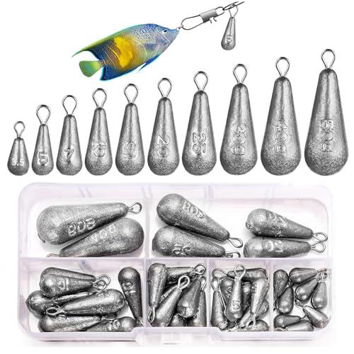 Tkxjry 40 Pezzi Peso Da Pesca Piombini, Piombo Da Pesca Forma Di Goccia Casting, Per in Mare E D'acqua Dolce 3.5g / 5g / 7g / 10g / 15g / 20g /25g / 30g / 40g / 50g (10 Taglie, Argento)