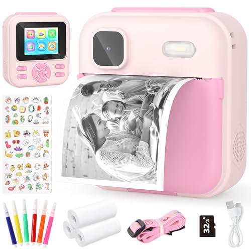 YOHOOLYO Macchina Fotografica Bambini Istantanea 2.4 Pollici, 1080P HD con scheda SD da 32GB, 6 penne colorate e 3 rotoli di carta da stampa, regalo per bambini da 3 a 14 anni-Rosa