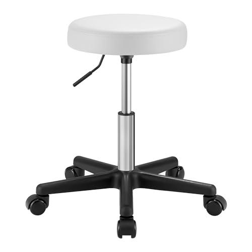 SONGMICS Sgabello Girevole con Ruote, Altezza Regolabile 46-58 cm, Sgabello da Bar Imbottito Rivestito in PU, Sgabello da Lavoro per Studio Ufficio Salone di Bellezza, Bianco Nuvola LJB061W01