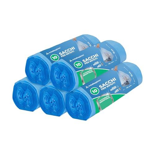 IMBALLAGGI 2000 - Sacchetti Spazzatura 70x110 (110L) in Plastica Riciclata Azzurri, 5 Rotoli x 10 Sacchi Spazzatura Raccolta Differenziata Interno, Tot 50 Sacchetti Tutti Rifiuti Resistenti Rinforzati