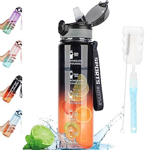 AOHAN Borraccia sportiva senza BPA da 1 l, con cannuccia, lavabile in lavastoviglie, bottiglia d'acqua motivazionale a tenuta stagna con indicazione del tempo, non tossica per mensa