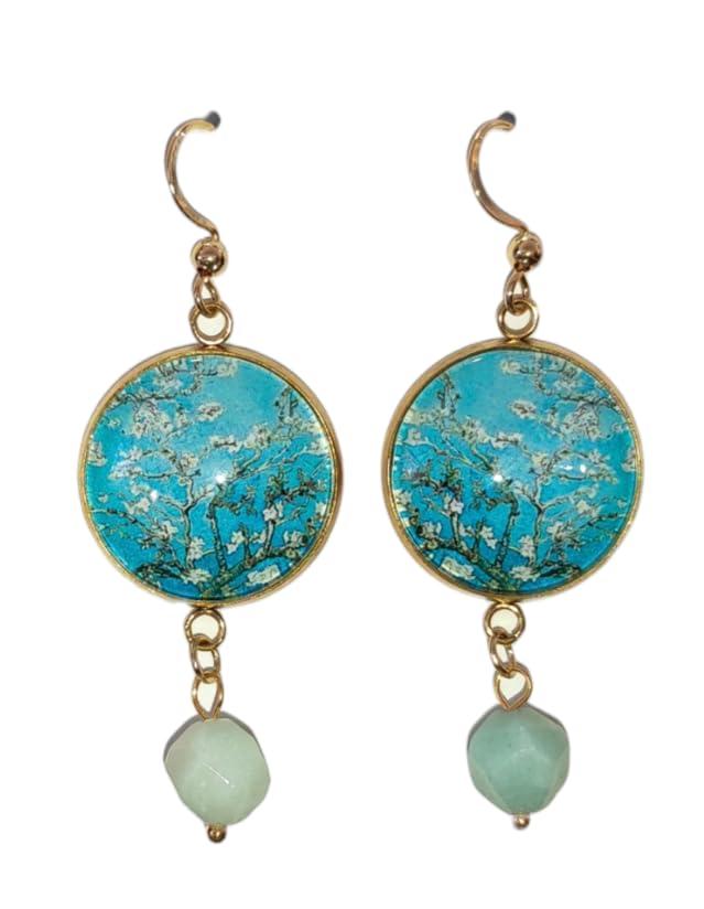 Orecchini Dipinti Pendenti Cabochon, Idea Originale per Regalo Natale,Fatto a Mano, Gioielli Donna Sicilia con Perline Naturali(Amazzonite Ramo di Mandorlo)